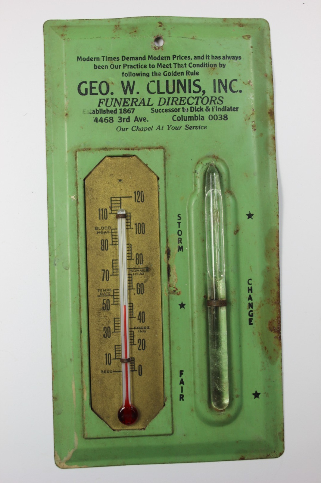 Early 1900 GEO. W. CLUNIS Funeral Director Since 1867 Columbia S.C. Thermometer.