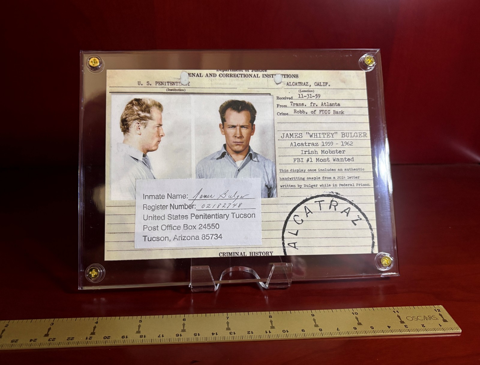 Whitey Bulger Authentic SIGNED Handwriting Sample Alcatraz Photo Display Mafia Whitey Bulger Authentic SIGNED Handwriting Sample Alcatraz Photo Display Mafia