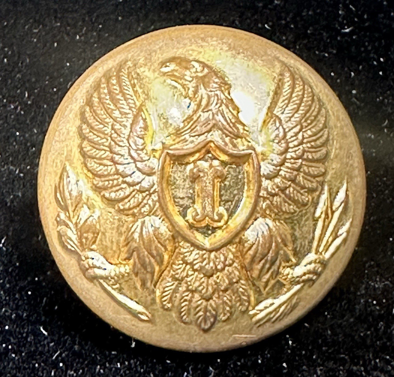 1860-1870 CIVIL WAR SCOVILL MF’G CO. “I” INFANTRY OFFICER COAT BUTTON. Nice 1860-1870 CIVIL WAR SCOVILL MF’G CO. “I” INFANTRY OFFICER COAT BUTTON. Nice