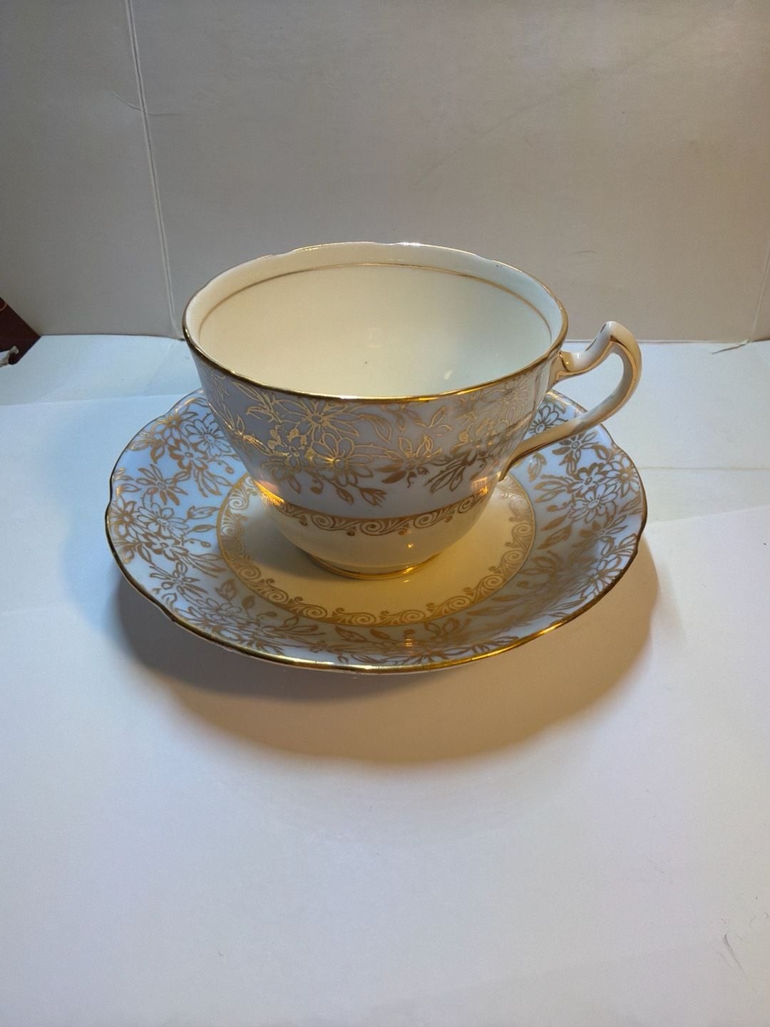 Vintage Balfour Royal Crown Pottery Gold Floral Bone China Tea Cup and Saucer Se