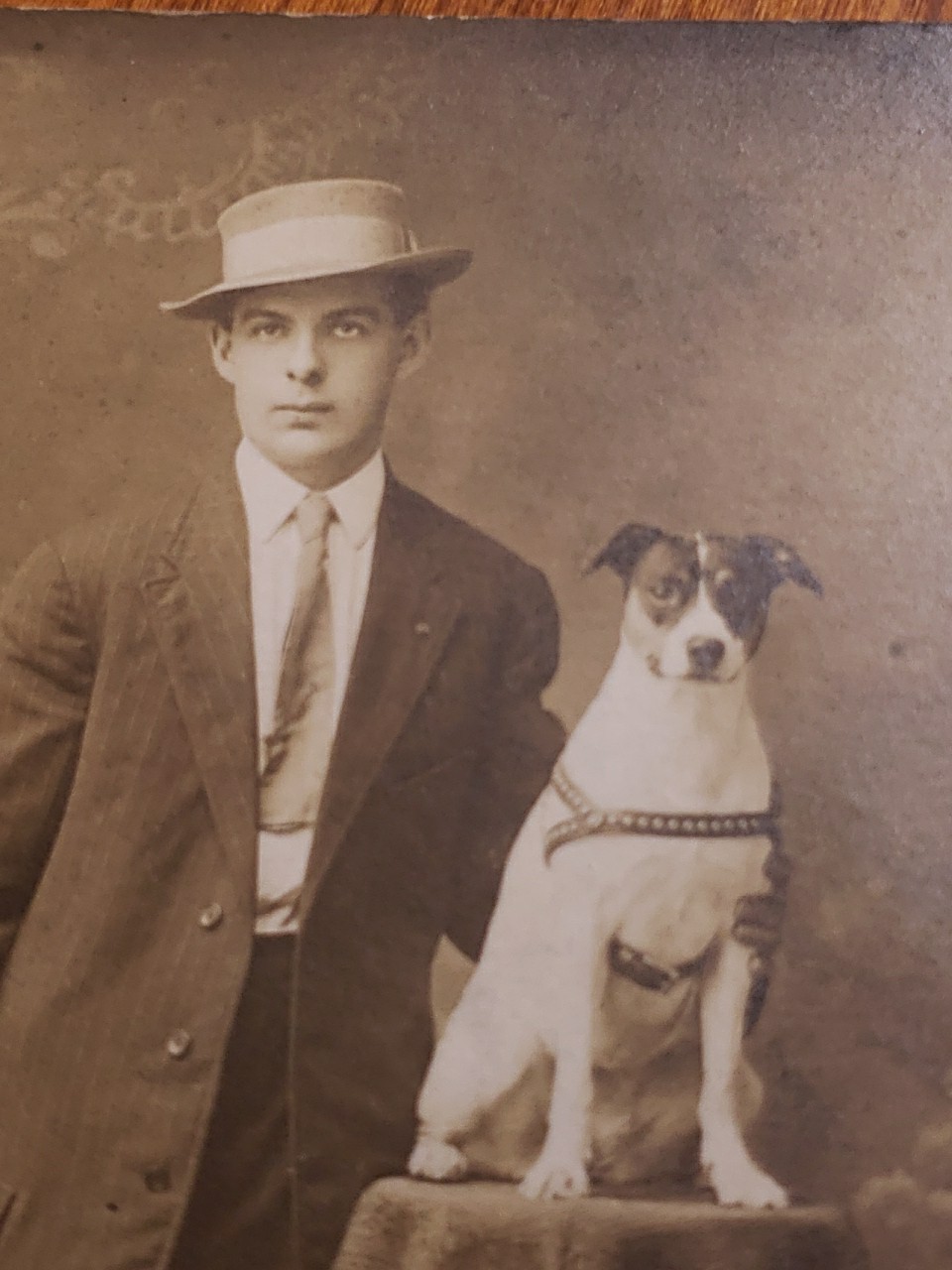 Antique 1910s Canton Ohio Studio RPPC Man Straw Boater Hat Jack Russell Dog Antique 1910s Canton Ohio Studio RPPC Man Straw Boater Hat Jack Russell Dog