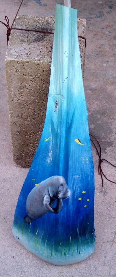 Manatee painted Palm Tree Frond Nautical beach wooden carved painting