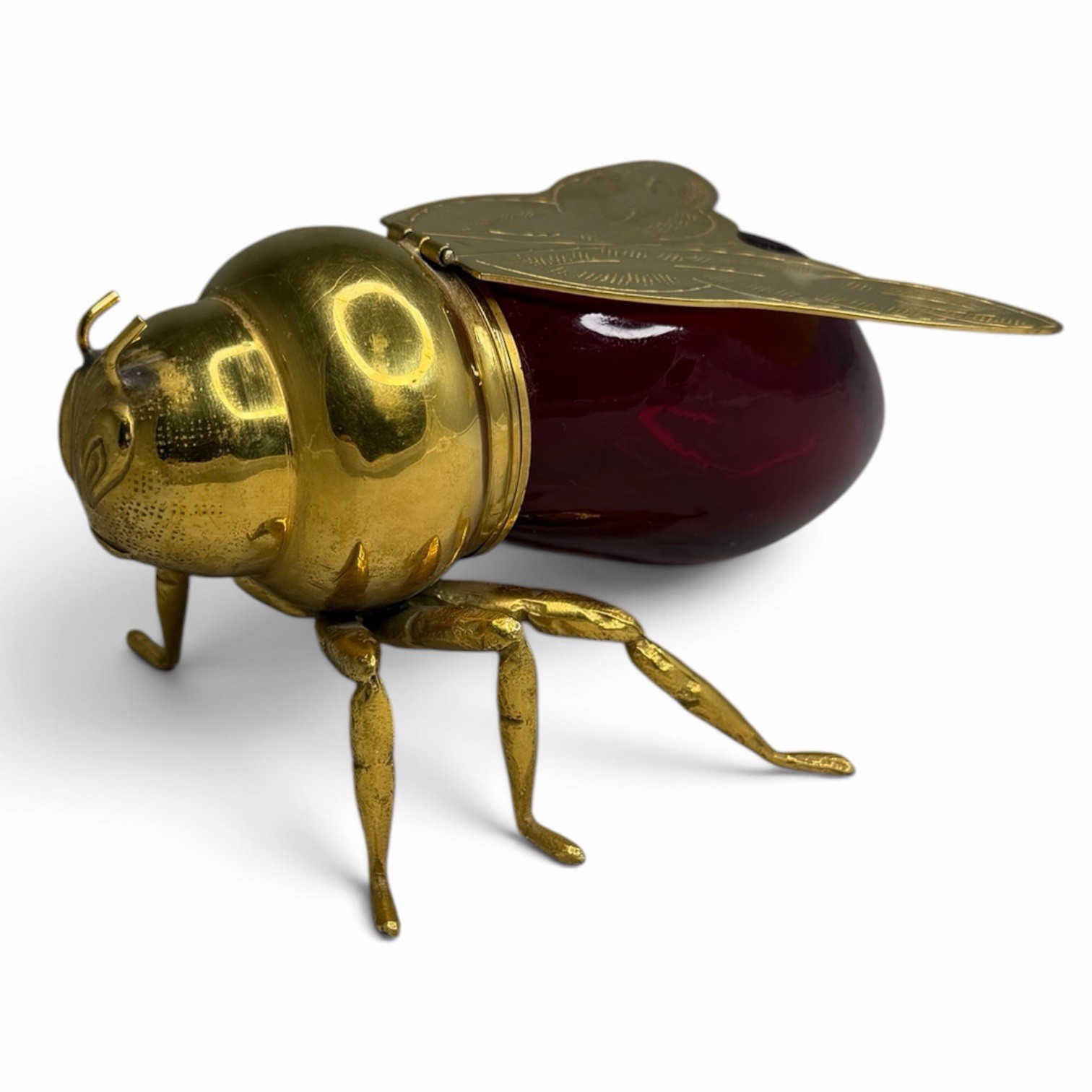 Vintage Italy I.F.S. Silver Plated Brass & Ruby Red Glass Honey Bee Pot 6.5” Vintage Italy I.F.S. Silver Plated Brass & Ruby Red Glass Honey Bee Pot 6.5”