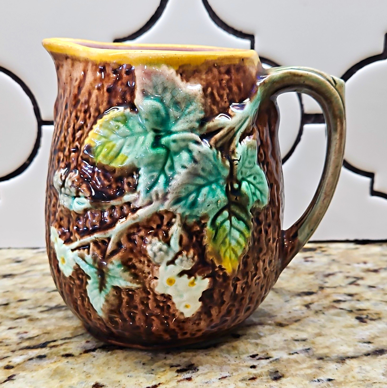 Antique Majolica Pitcher Creamer Bark Wood Berry Leaves 19th Century Vintage Antique Majolica Pitcher Creamer Bark Wood Berry Leaves 19th Century Vintage