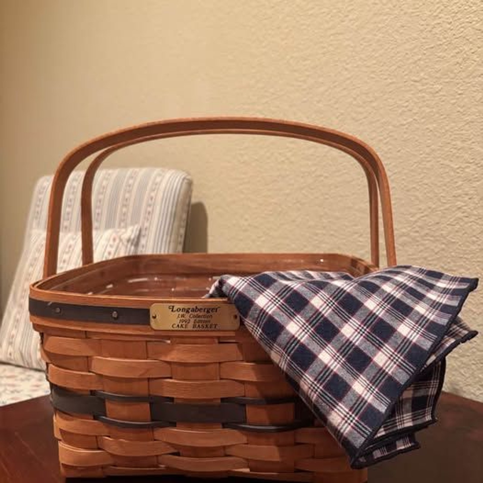 Vintage 1992 Longaberger Cake Basket with Liner, Riser, Embroidered Tea Towel