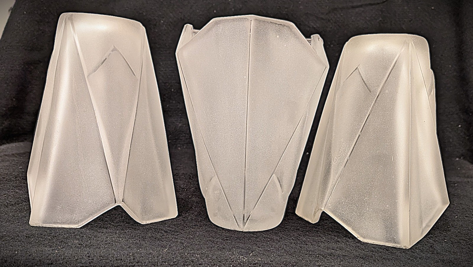 Set of 3 Art Deco France Frosted Glass Replacement Shades Signed Degue Set of 3 Art Deco France Frosted Glass Replacement Shades Signed Degue