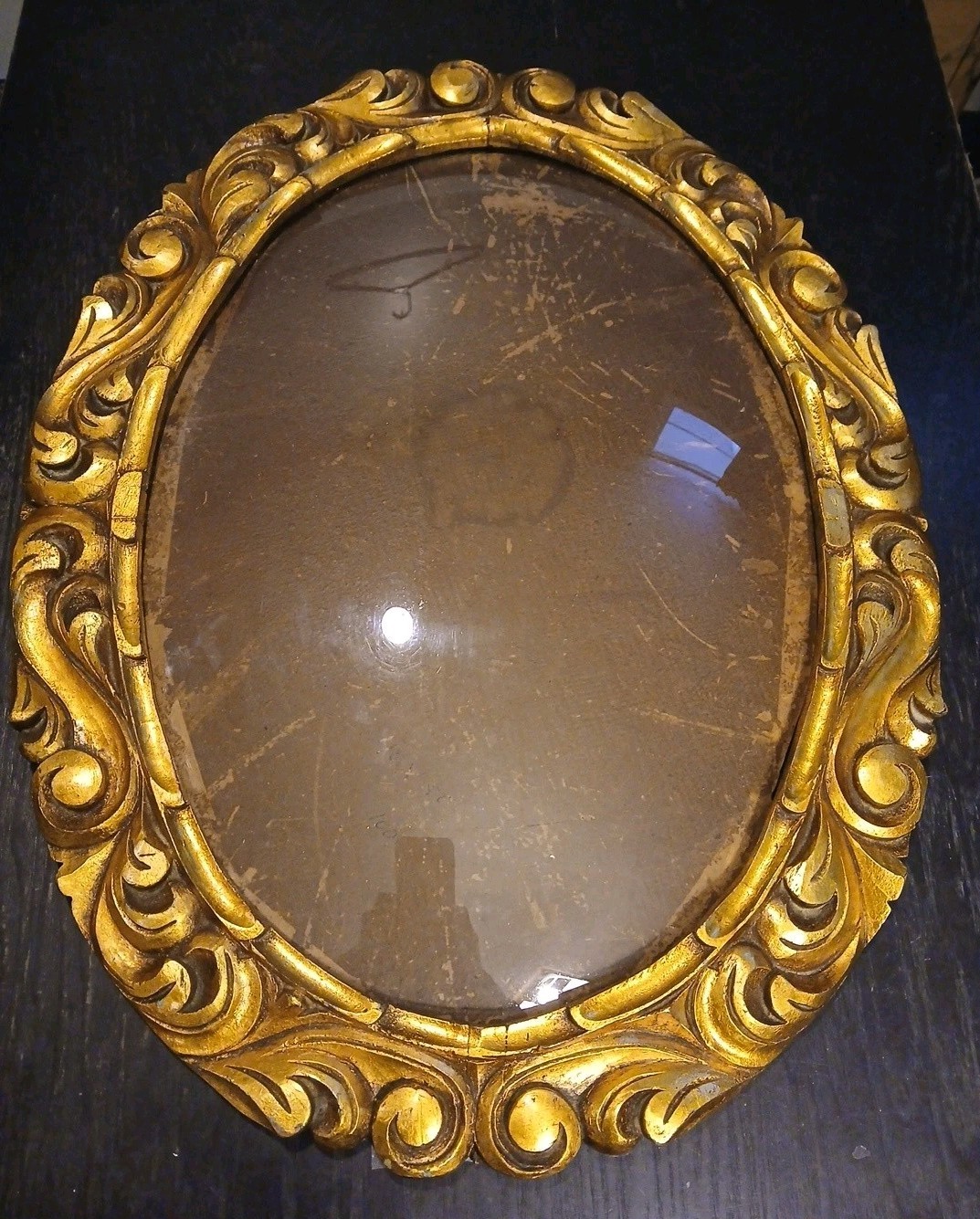 Antique Highly Ornate Gold Gilded Carved Wood Frame W Bubble Glass 1890s=1920s Antique Highly Ornate Gold Gilded Carved Wood Frame W Bubble Glass 1890s=1920s