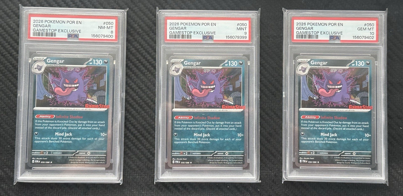 GENGAR GAMESTOP PSA 10 LOT OF 3 #050 PROMO CARD POKEMON GEM MINT SLAB RARE SWIRL GENGAR GAMESTOP PSA 10 LOT OF 3 #050 PROMO CARD POKEMON GEM MINT SLAB RARE SWIRL