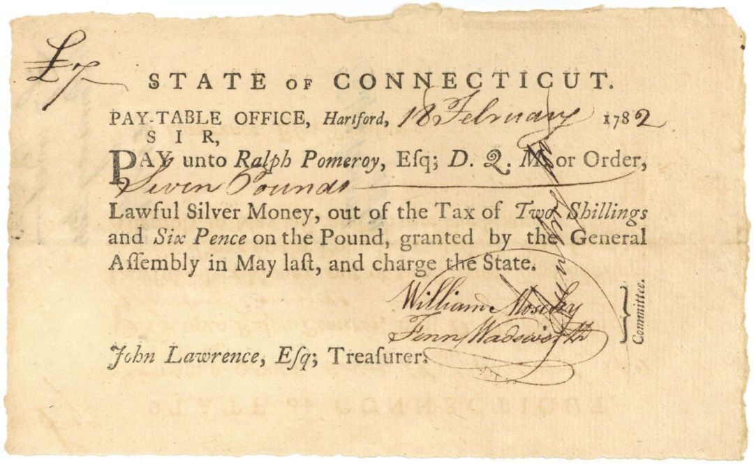 Revolutionary War Pay Order dated 1781-82 Signed by General Jedediah Huntington 