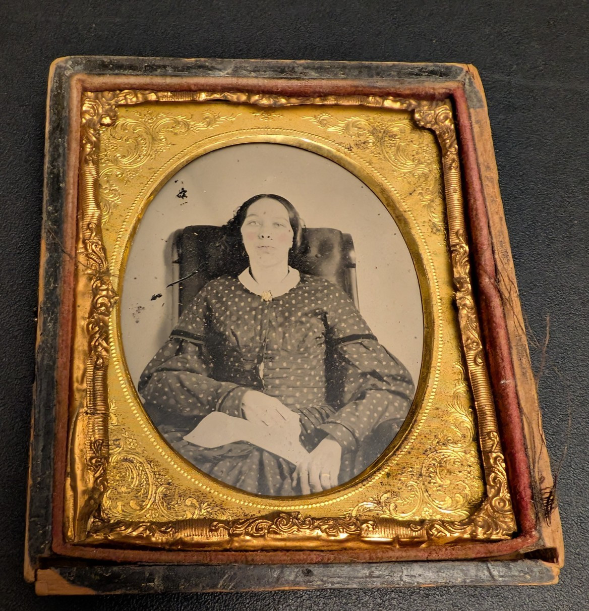 1860-1870 Civil War Era Daguerreotype Cased Image- Woman in polka dot dress sits 1860-1870 Civil War Era Daguerreotype Cased Image- Woman in polka dot dress sits