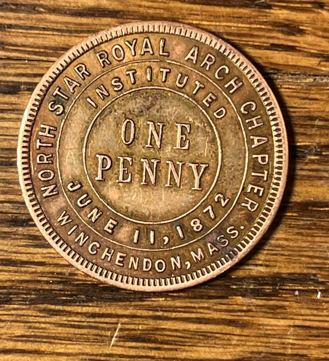 1872 Masonic Penny North Star Royal Arch Chapter Penny Winchendon MA One Penny 1872 Masonic Penny North Star Royal Arch Chapter Penny Winchendon MA One Penny