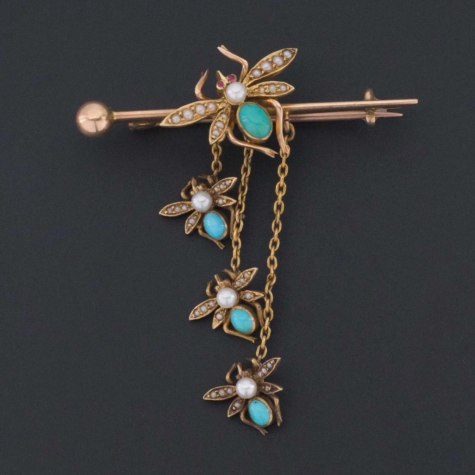 Antique Victorian Turquoise Pearl Diamond 18k Yellow Gold Over Fly Brooch Pin Antique Victorian Turquoise Pearl Diamond 18k Yellow Gold Over Fly Brooch Pin