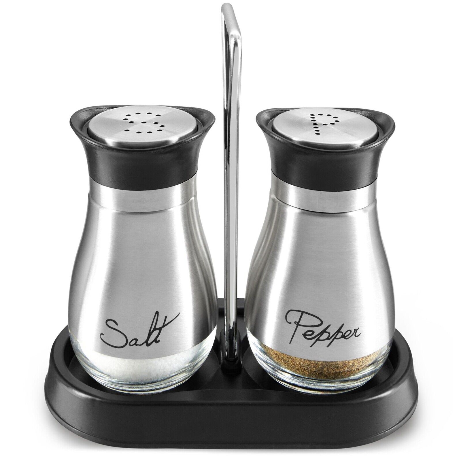 3 Piece Stainless Steel Salt and Pepper Shakers Set with Holder (4 oz)