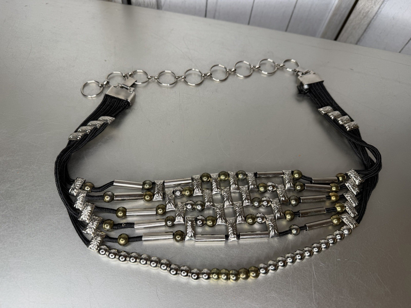 Vintage 80s Boho Glam Beaded Gold Silver Black Metal Belt Unique Chain Medium