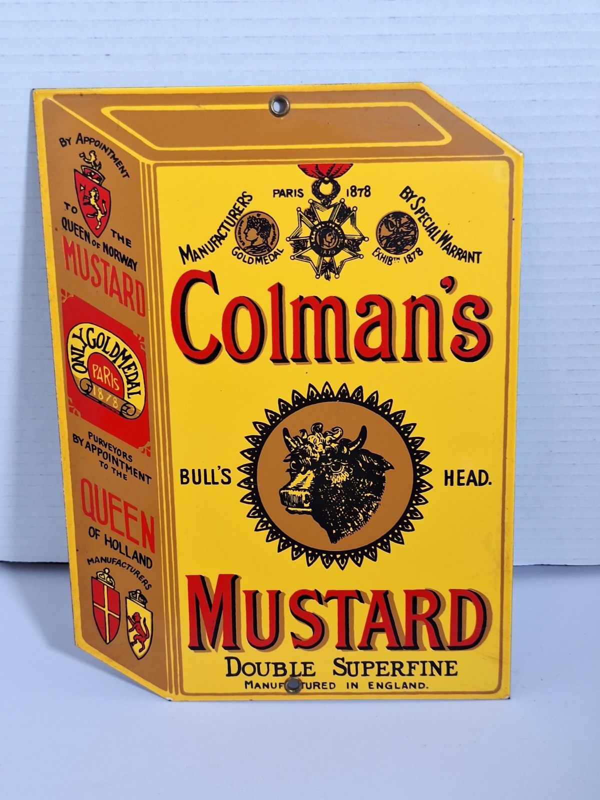 Vintage Colman's Mustard Heavy Metal Advertising Sign Bull Head Logo RARE 50s Vintage Colman's Mustard Heavy Metal Advertising Sign Bull Head Logo RARE 50s