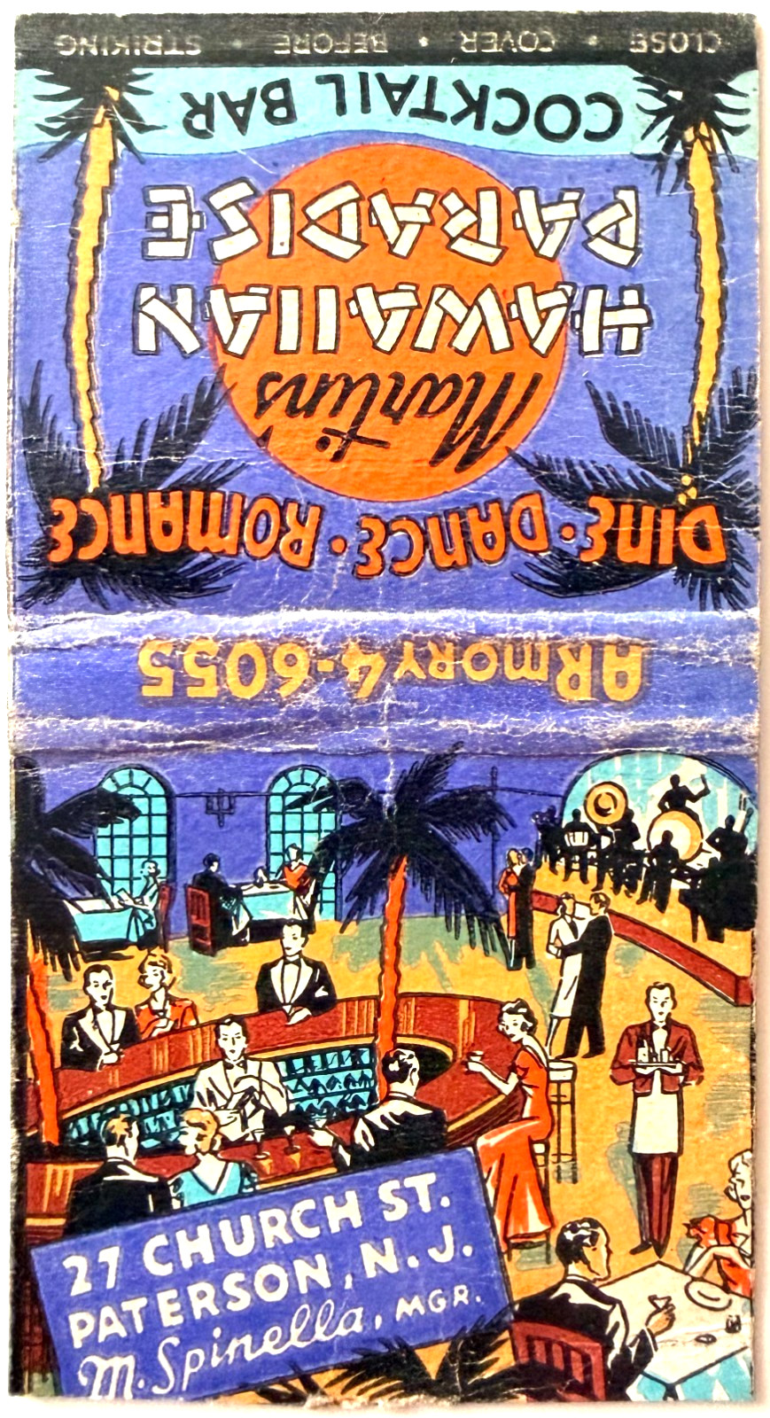 1940s Martin's Hawaiian Paradise Cocktail Bar Matchbook Cover Paterson NJ