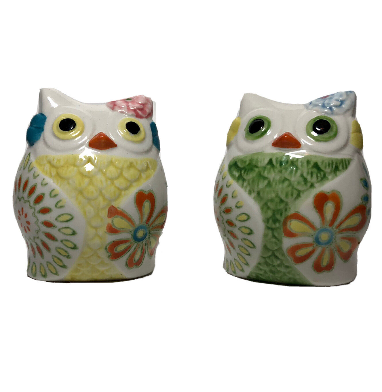 VTG Estate Pier 1 Imports Owl Salt & Pepper Shakers Pastel Floral BOHO Retro 3