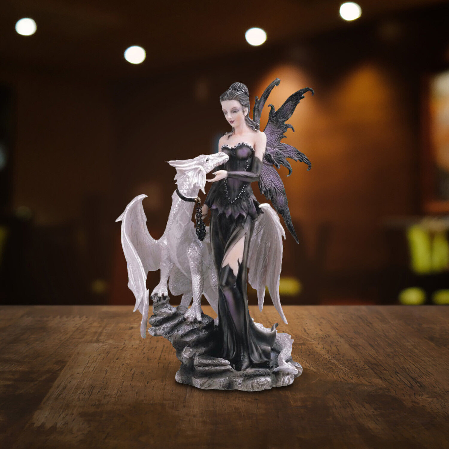 Medieval Gothic Black Fairy with White Dragon Statue 10