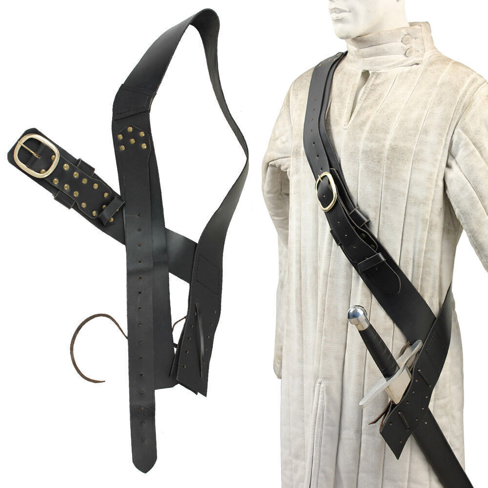 Black Medieval Queens Guard Sword Baldric Belt - Genuine Leather - Brass Buckle