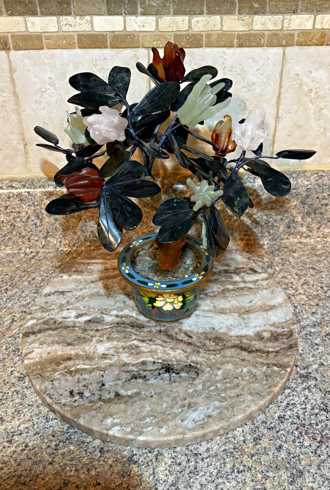 Vintage Chinese Gemstone Bonsai Tree Rose Quartz Jade Carnelian Cloisonne Pot