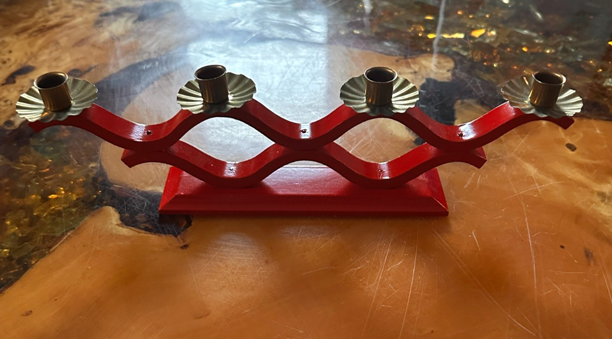 Vintage Swedish Folk Art Hand Painted Red Wood Candelabra Vintage Swedish Folk Art Hand Painted Red Wood Candelabra