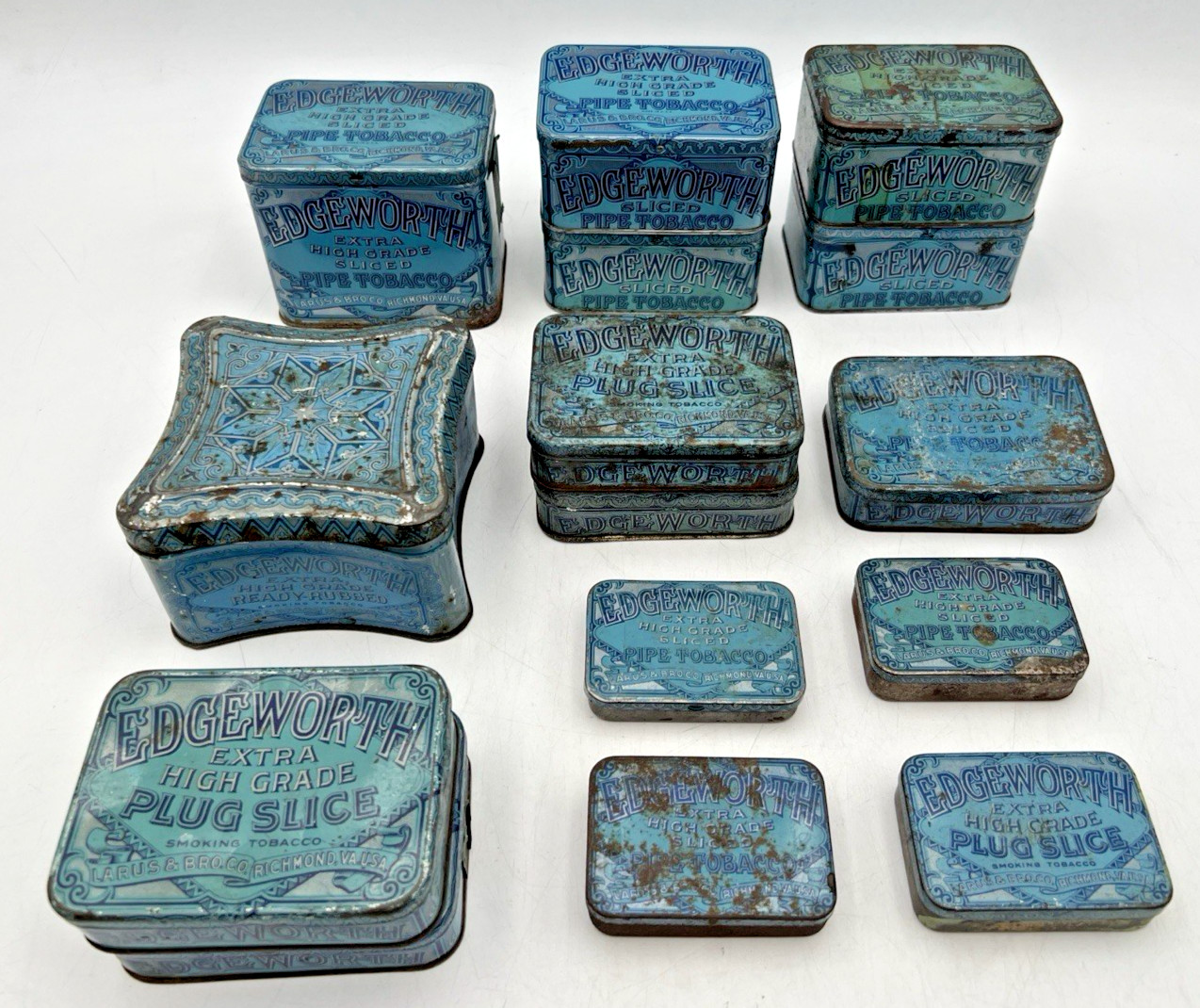 (15) EDGEWORTH EXTRA HIGH GRADE SLICED PIPE TOBACCO TINS LARUS & BRO CO EMPTY (15) EDGEWORTH EXTRA HIGH GRADE SLICED PIPE TOBACCO TINS LARUS & BRO CO EMPTY