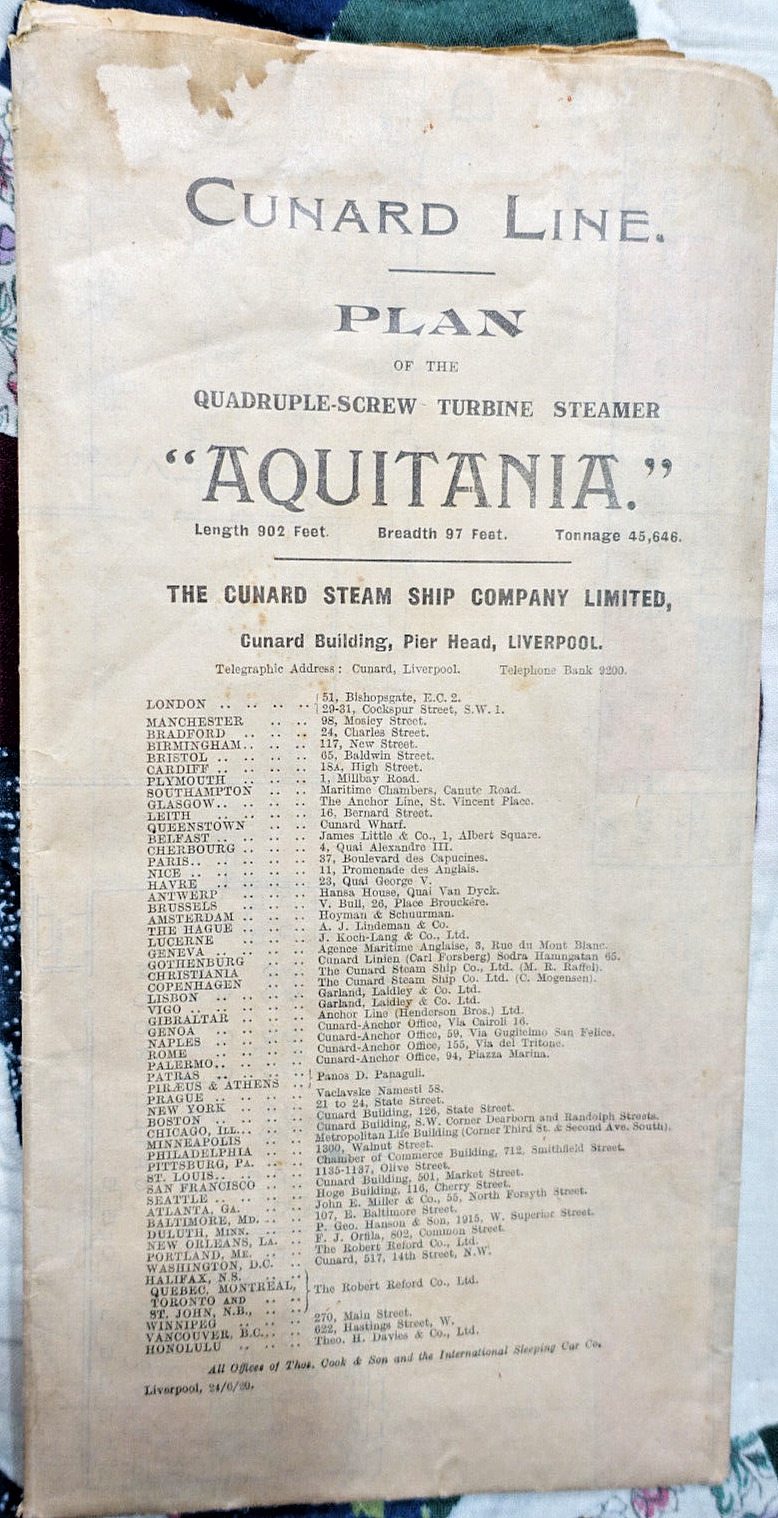 RMS AQUITANIA CUNARD LINE 1920 42x31 ORIGINAL FIRST CLASS COLOR CODED CABIN PLAN