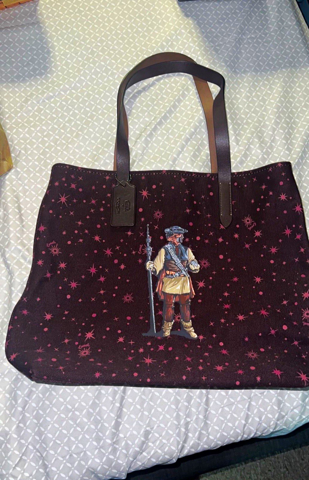 Princess Leia, Coach Star Wars Disney Large Tote Bag Burgundy/Pink Star Print
