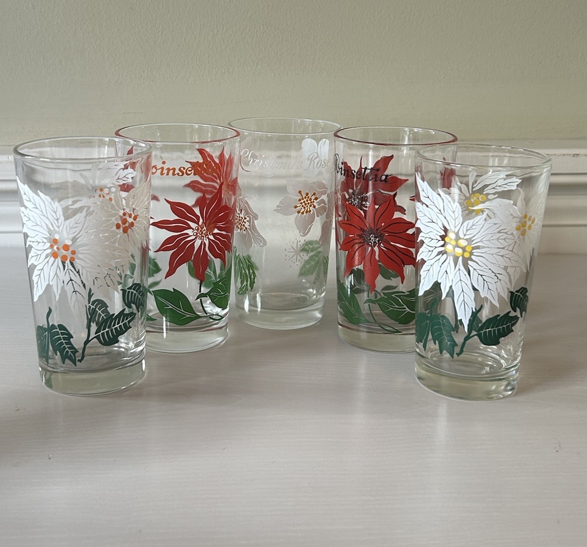 Five Vtg. Boscul Peanut Butter Glasses Christmas 2 White Poinsettia 2 Red 1 Rose
