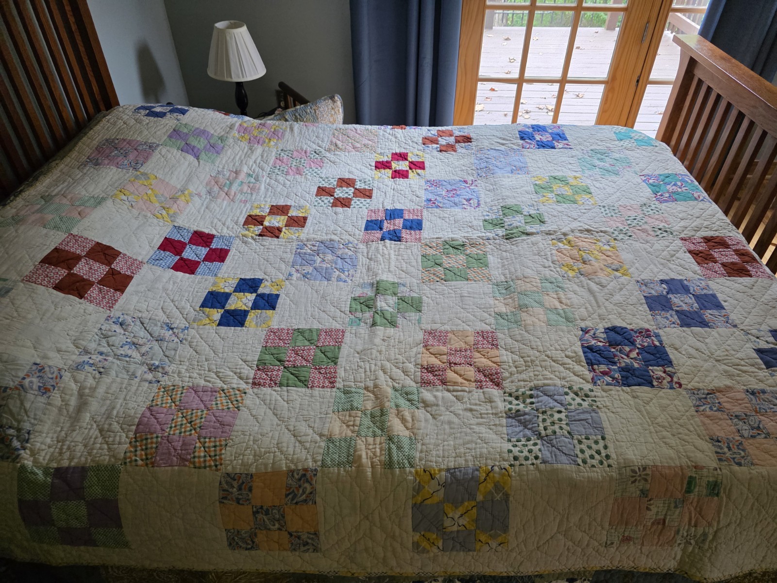 Vintage 1950s Farmhouse 9 PATCH QUILT 77" x 76" feed sack cutter hand stitched Vintage 1950s Farmhouse 9 PATCH QUILT 77" x 76" feed sack cutter hand stitched