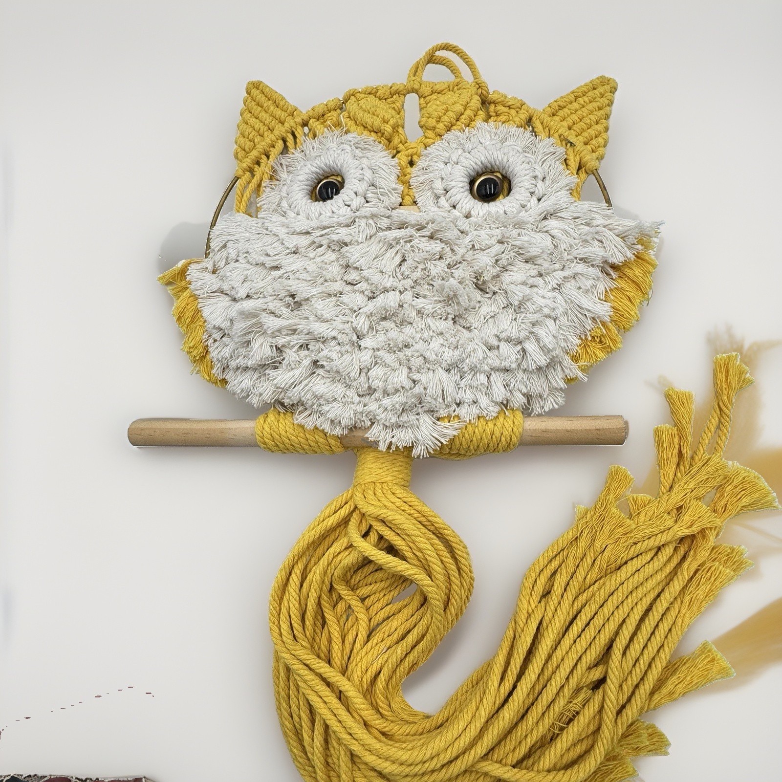 Vtg 1970s Macrame Owl Wall Hanging Yellow Boho Jute Fiber Art Beaded Wood 28” Vtg 1970s Macrame Owl Wall Hanging Yellow Boho Jute Fiber Art Beaded Wood 28”