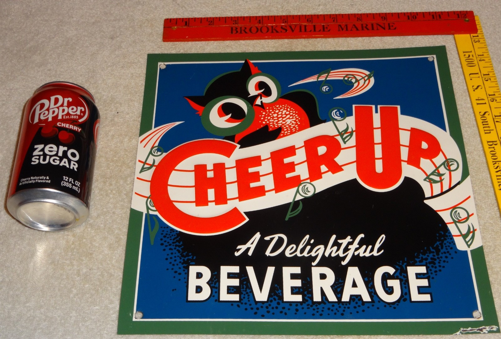 VINTAGE ANTIQUE CHEER UP 🦉 OWL DELIGHTFUL BEVERAGE 14" EMBOSSED METAL SODA SIGN VINTAGE ANTIQUE CHEER UP 🦉 OWL DELIGHTFUL BEVERAGE 14" EMBOSSED METAL SODA SIGN