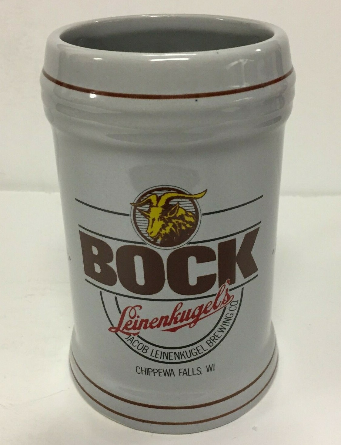 1990 LEINENKUGEL'S BOCK STEIN MUG Chippewa Falls Wisconsin Goat picturedOn front