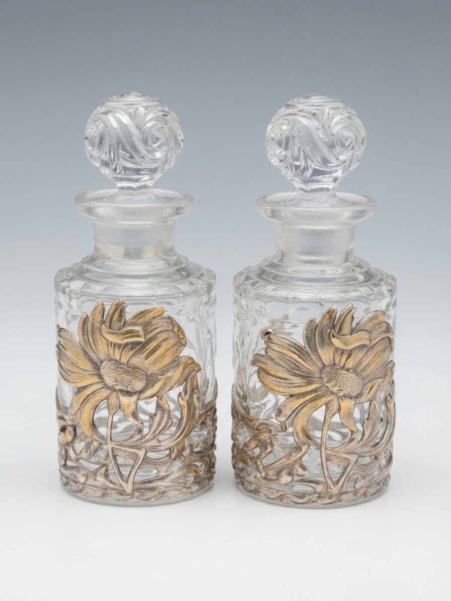 Antique Baccarat Art Nouveau Silver Plated Overlay Perfume Bottles Pair Antique Baccarat Art Nouveau Silver Plated Overlay Perfume Bottles Pair