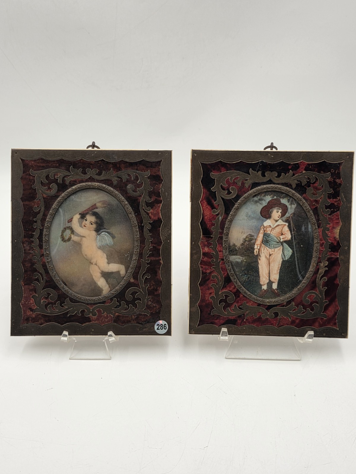 Antique Continental Hand-Painted Portrait Miniatures in Rococo Revival Frame