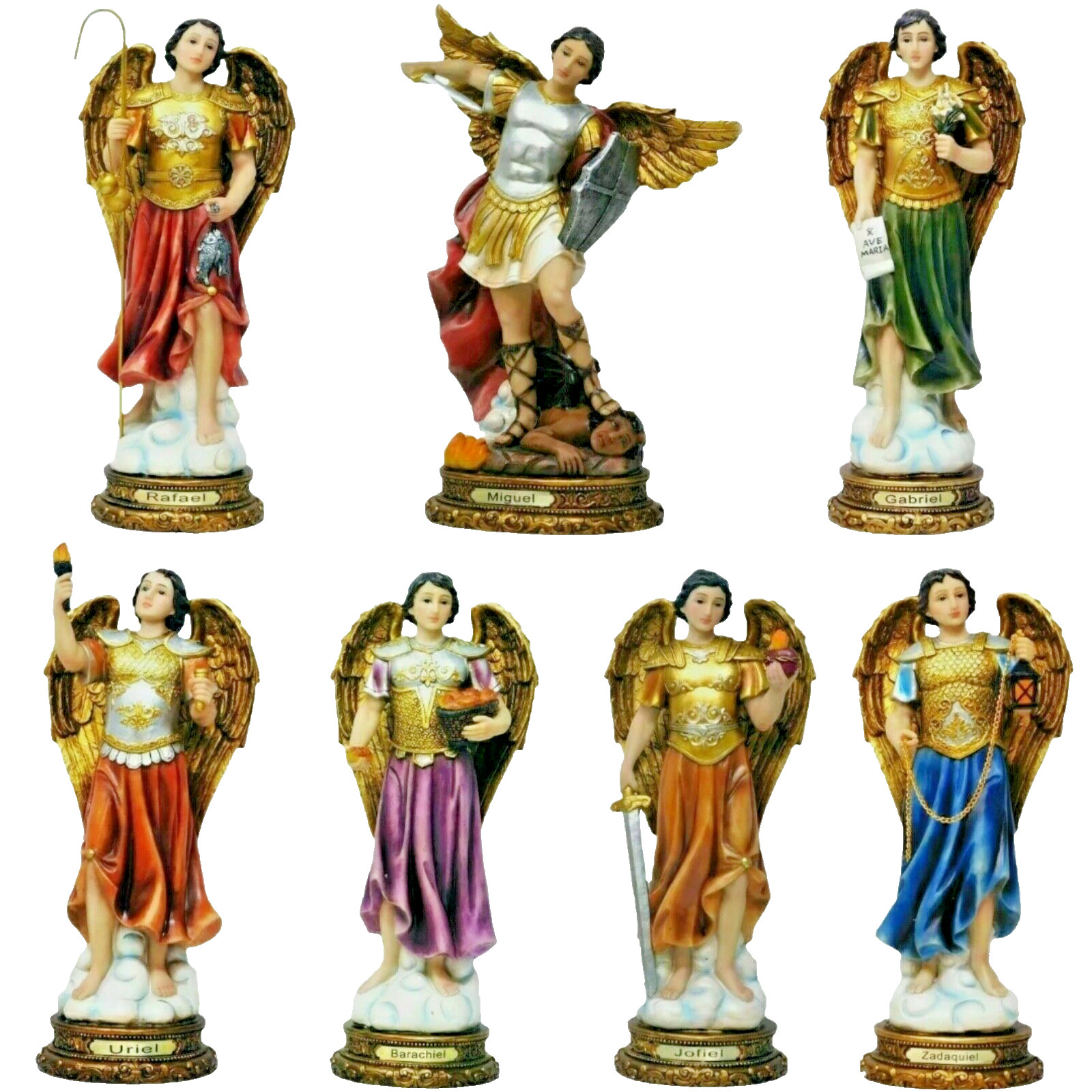 Set of  7 Arcángeles Resin  Figurines 8" Archangels Set, Miguel,Rafel,Gabriel ..