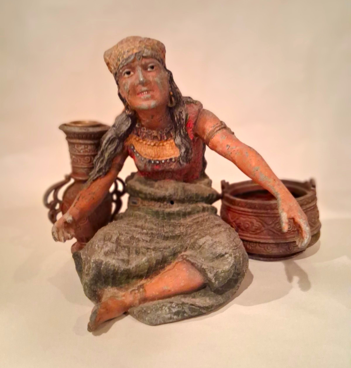 Vintage Hand Painted Metal Gypsy  Woman Ashtray And Match Holder