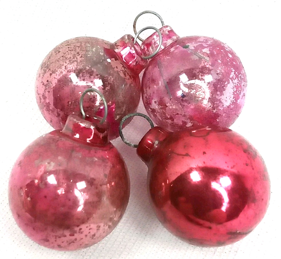 Antique 1940s Pink Glass Feather Tree Christmas Ornament Set Of 4 Antique 1940s Pink Glass Feather Tree Christmas Ornament Set Of 4