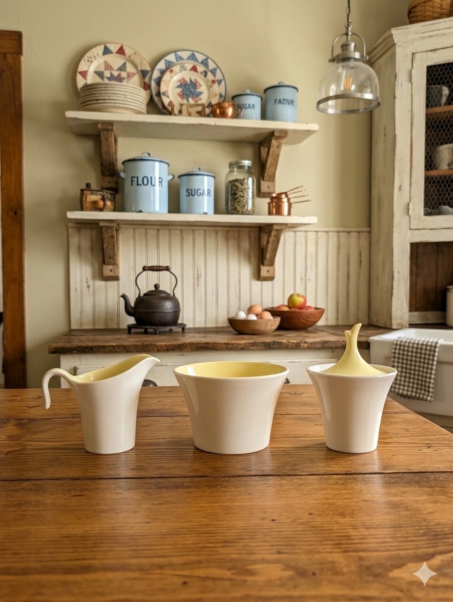 Rare MCM Harkerware Yellow & White 3pc Creamer & Sugar Set - Ohio Art Pottery Rare MCM Harkerware Yellow & White 3pc Creamer & Sugar Set - Ohio Art Pottery
