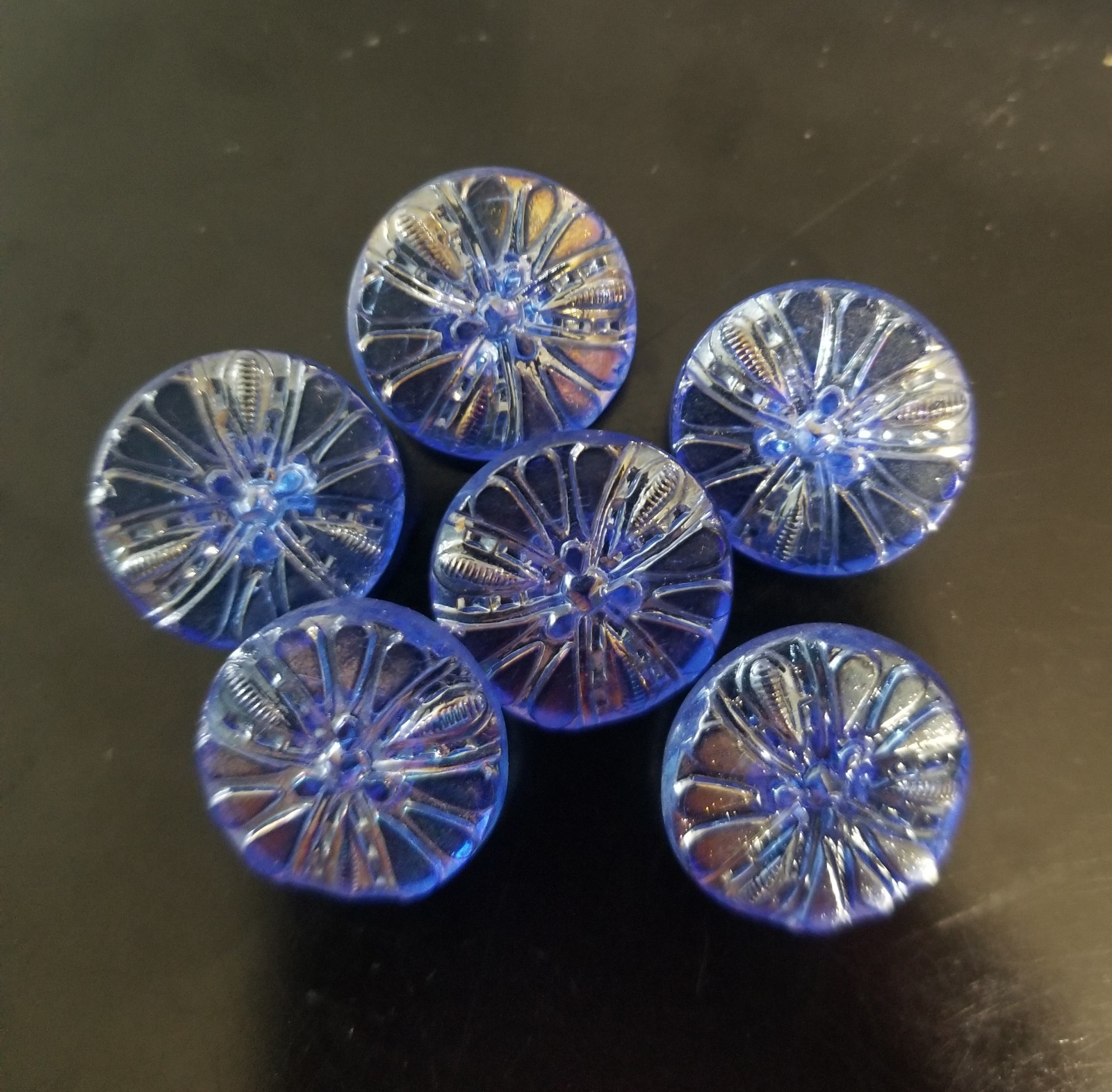 6 Vintage Czech Glass Buttons 3/4" Flower Design Blue w/Subtle Iridescence 6 Vintage Czech Glass Buttons 3/4" Flower Design Blue w/Subtle Iridescence