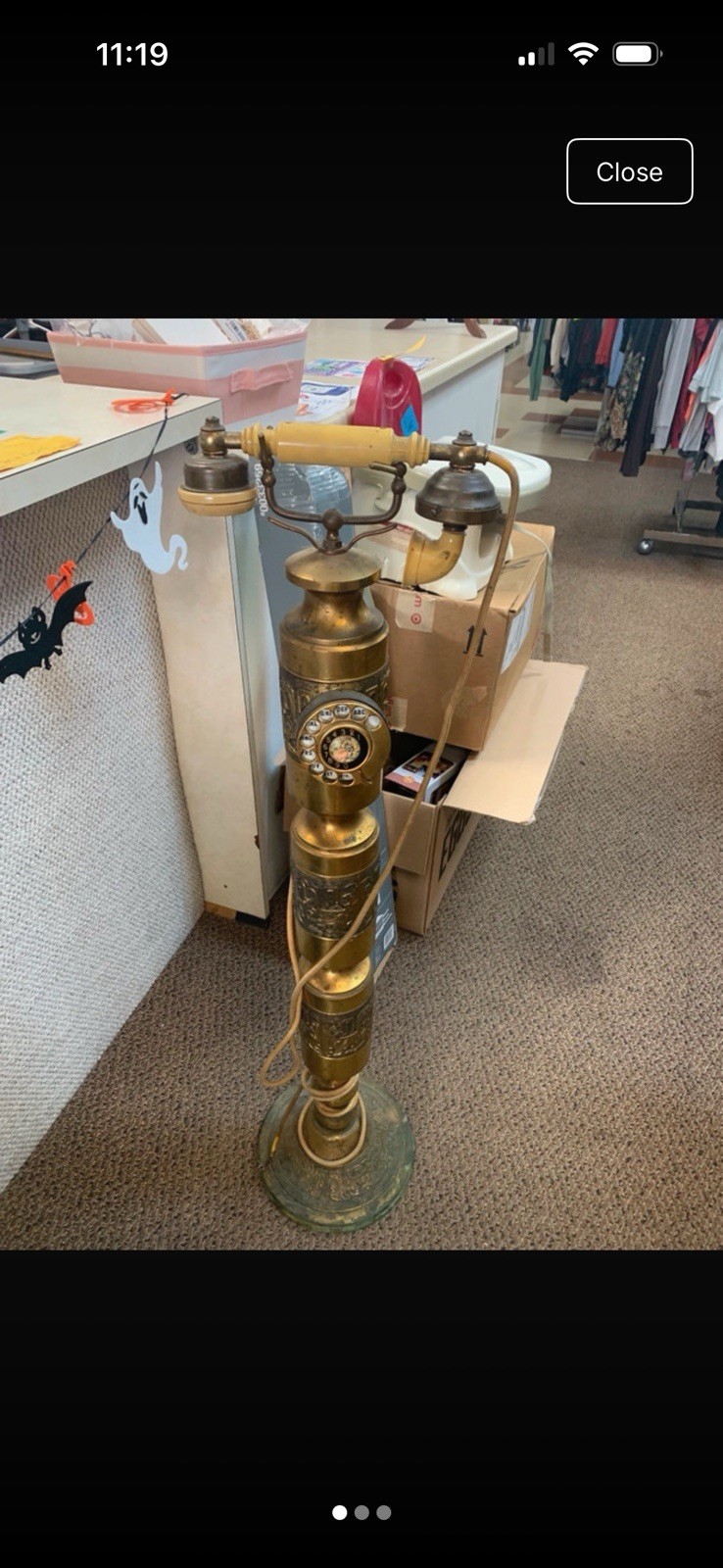 Rare, Vintage French Style Brass Floor Standing Phone. Intricate brass detail.