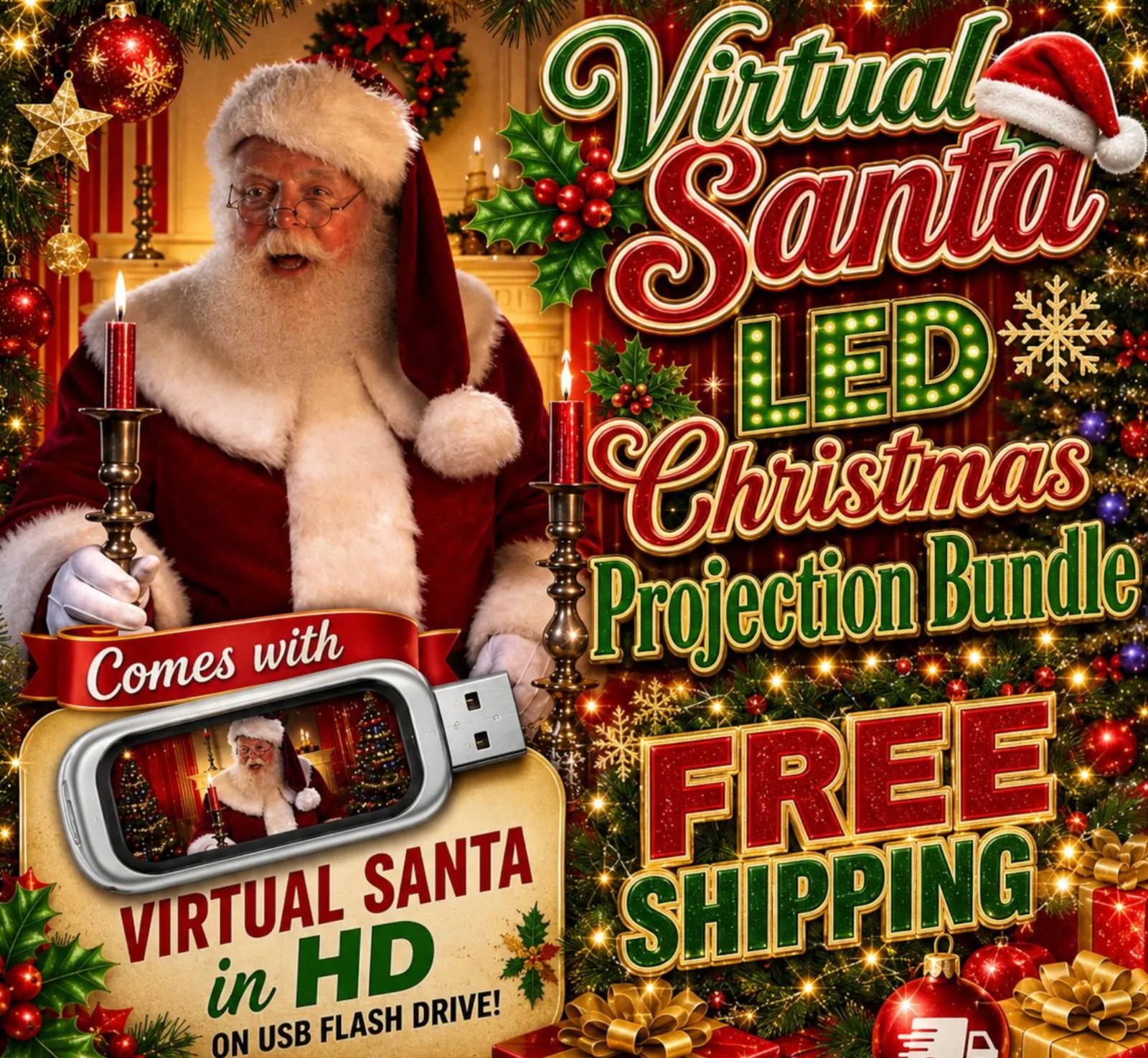 VIRTUAL SANTA - LED Projection Kit: LED Projector, Screen, 29 Effects on USB VIRTUAL SANTA - LED Projection Kit: LED Projector, Screen, 29 Effects on USB