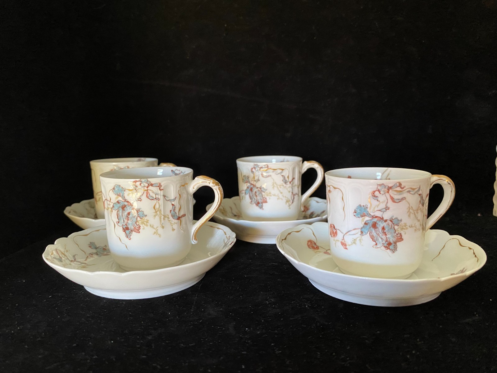 S/4 Antique Limoges Haviland Demitasse Cup & Saucer Sets Floral Gold Trim S/4 Antique Limoges Haviland Demitasse Cup & Saucer Sets Floral Gold Trim