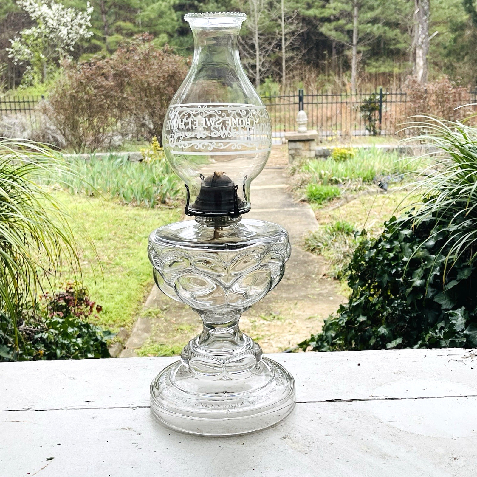 Atq EAPG PEANUT Kerosene Oil Sewing Lamp Ready Home Sweet Home Chimney 19.5" Atq EAPG PEANUT Kerosene Oil Sewing Lamp Ready Home Sweet Home Chimney 19.5"