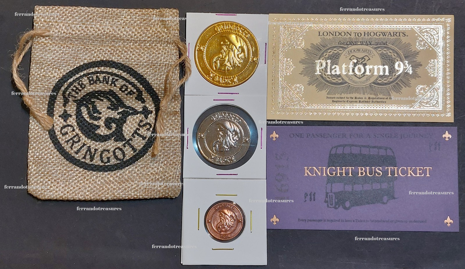 Harry Potter Gringotts Coins Sack Tickets to Platform 9 3/4 Train & Knight Bus Harry Potter Gringotts Coins Sack Tickets to Platform 9 3/4 Train & Knight Bus