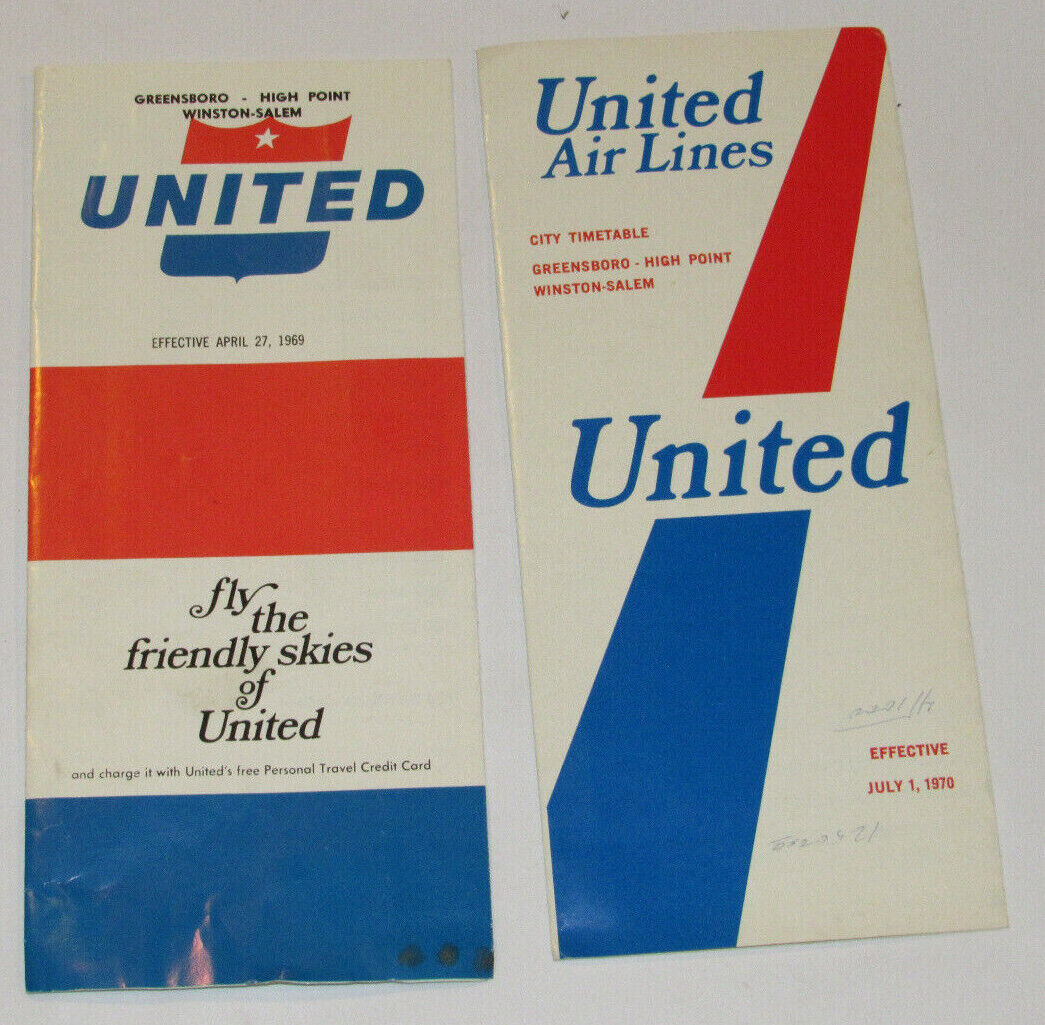 2 VTG UNITED AIRLINES TIMETABLES 1969-70 GREENSBORO/WINSTON-SALEM/HIGH POINT