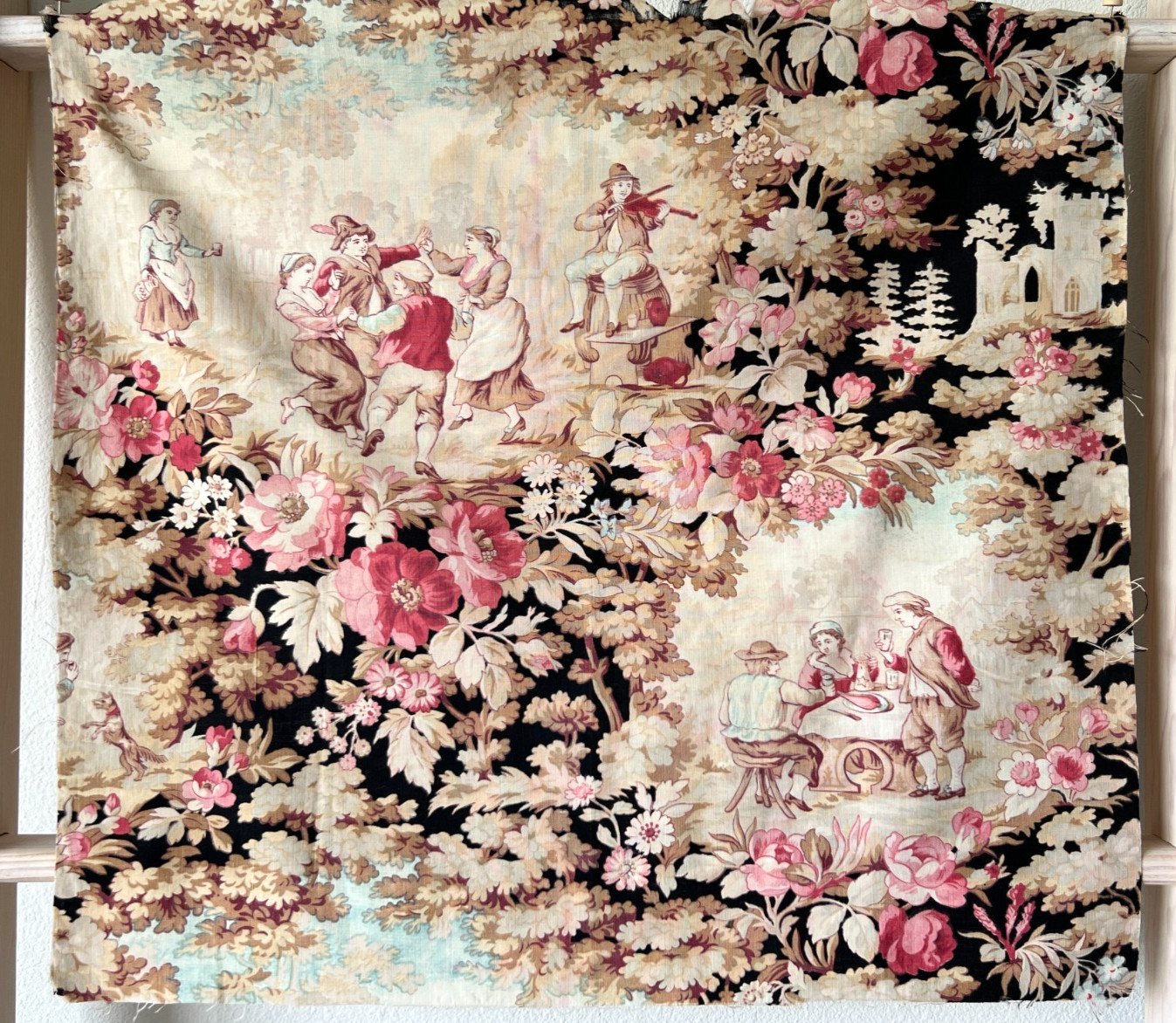 Antique 19th C French Fabric Pink Roses Romantic Flowers Dancing Farmhouse