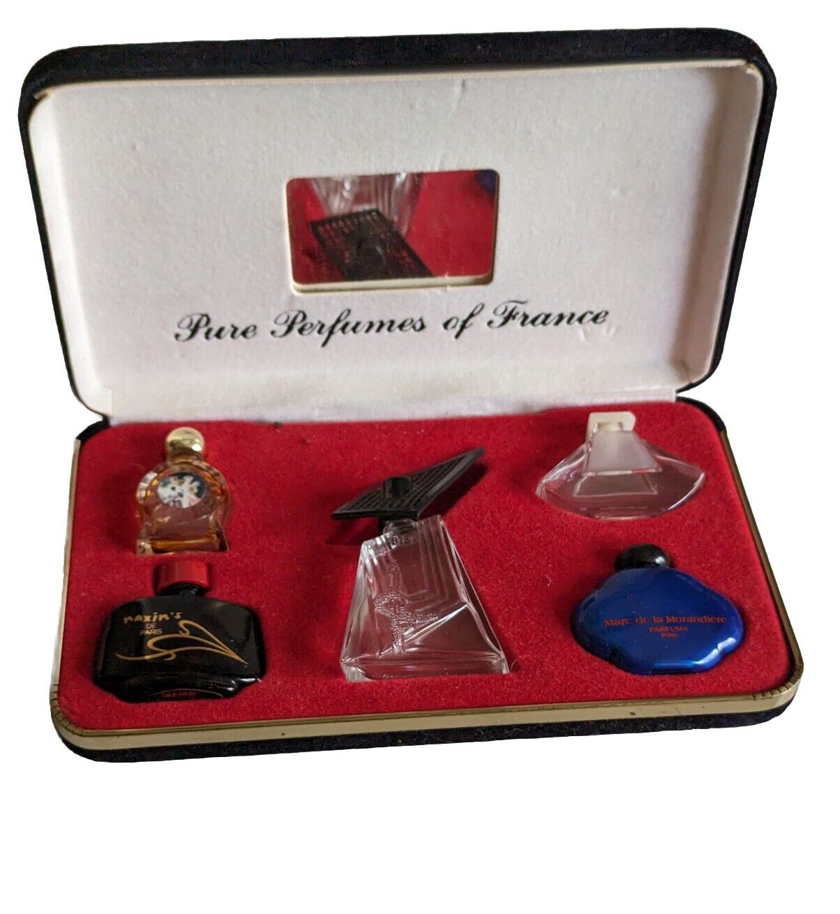 Vintage Mini Pure Perfumes Of France Bottle Velvet Case Set 5 Empty Art Deco 