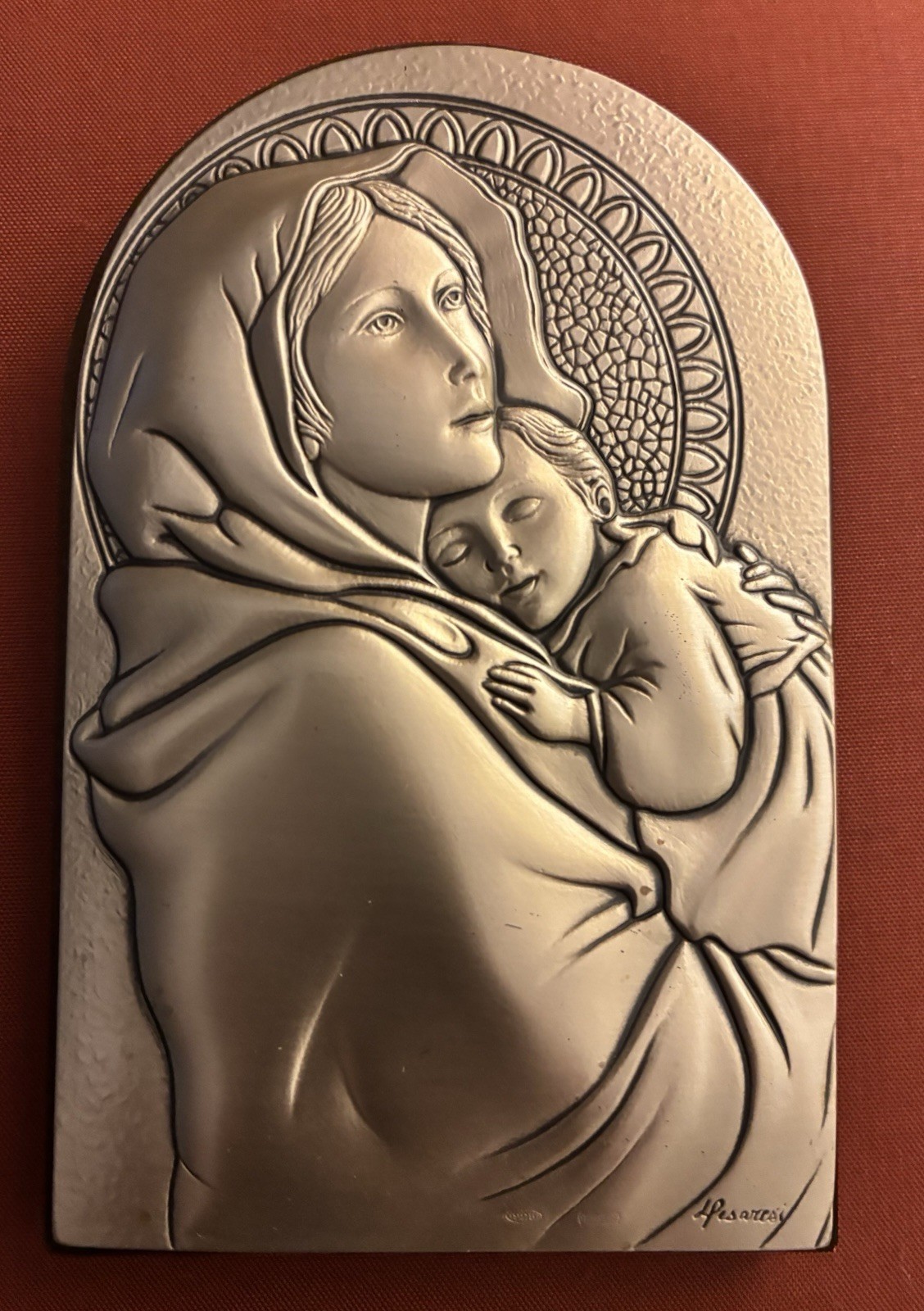 Vintage 925 Sterling Silver Madonna & Child Plaque Signed L. Pesaresi Italy 4.5" Vintage 925 Sterling Silver Madonna & Child Plaque Signed L. Pesaresi Italy 4.5"