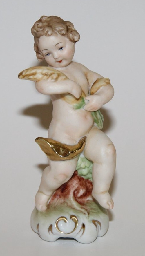 Vintage Bisque Porcelain Cherub Putto Figurine Gold Drape Wings S8449 Blue Mark